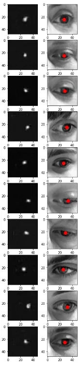 Predicted vs ground-truth iris center on test images